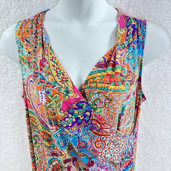 Lauren Ralph Lauren 1X Womens Ruched Side Paisley Print V-Neck Sleeveless Dress - Picture 5 of 11